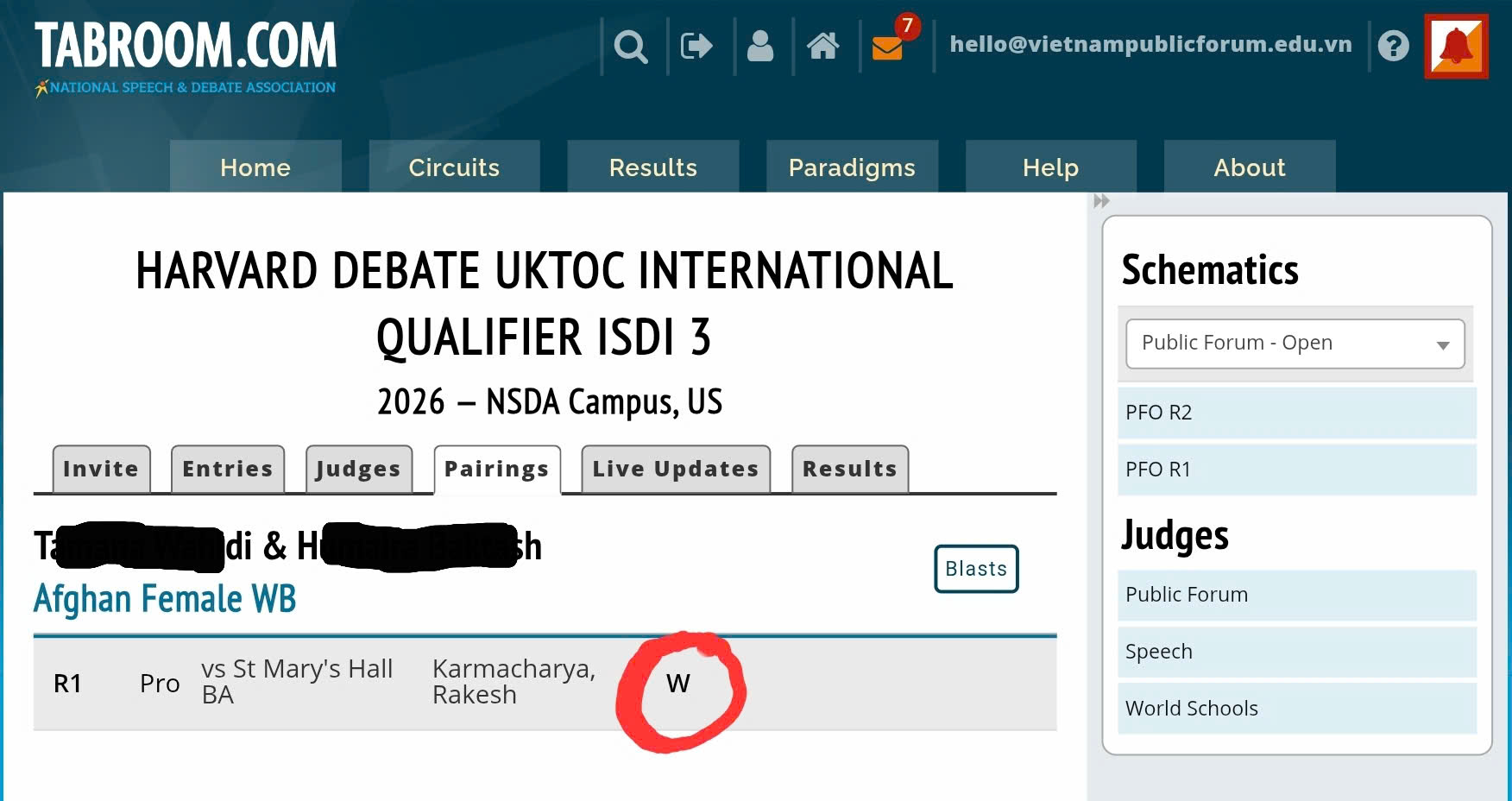 Afghan Female team first-round win at Harvard Debate UKTOC International Qualifier